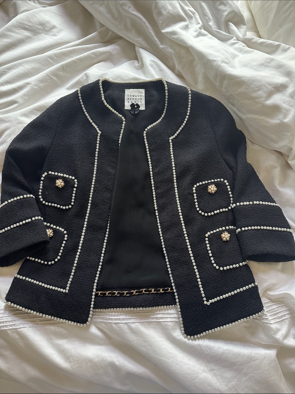Edward Achour Black Pearl-Trim Tweed Jacket